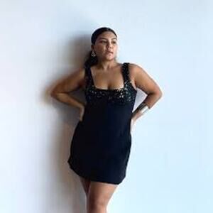 INA Yoke Embroidery Sequined Square Neck Party Mini Dress Black IDL9289 Small S